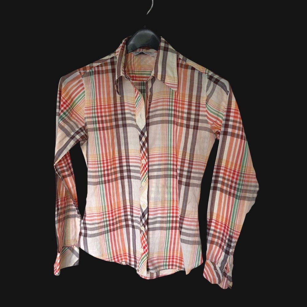 Huka-Poo Vintage 70s Plaid Button‎ Up Shirt Orange Green Pointed Collar